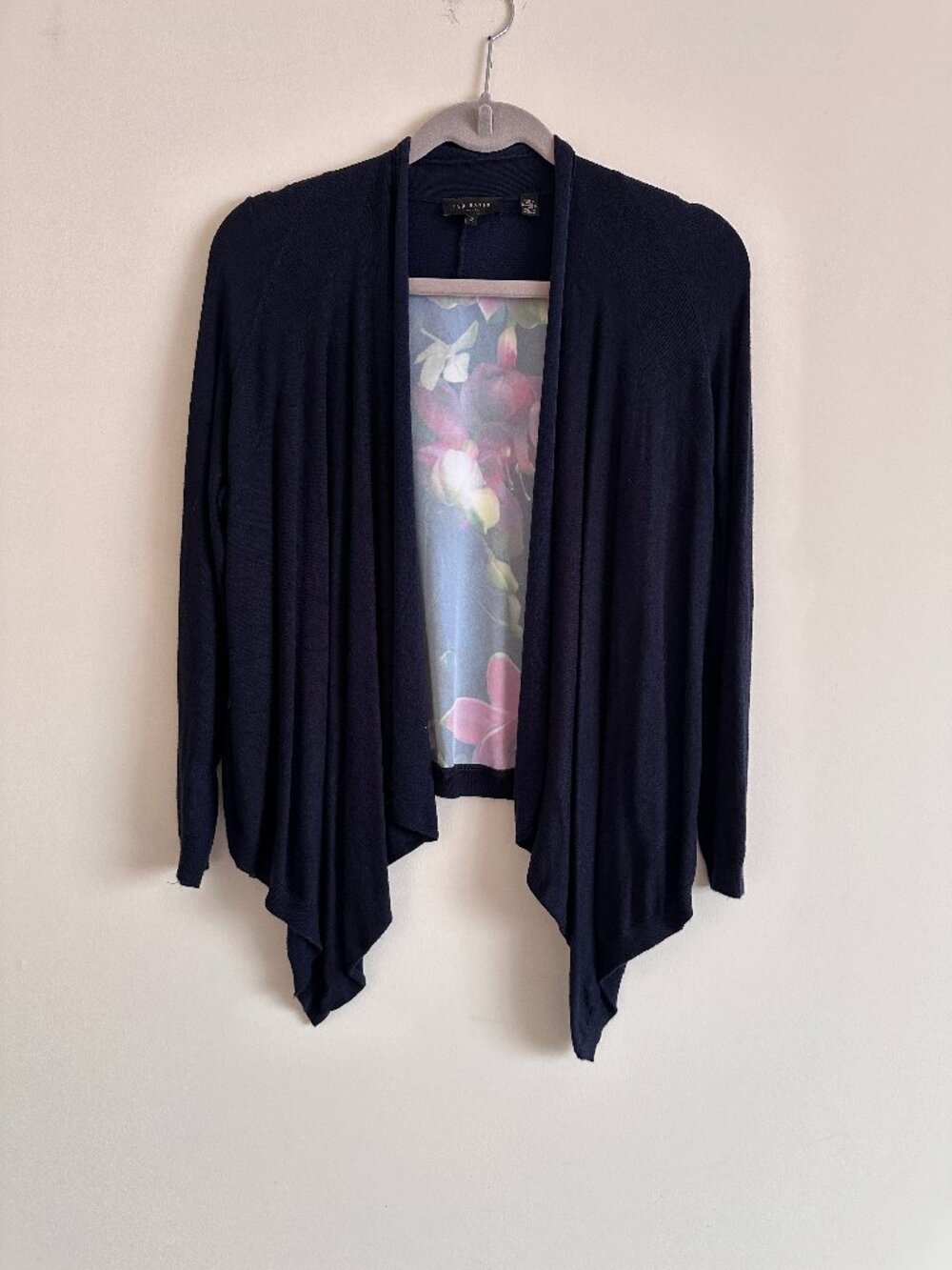 Long Sleeve Mix Media Flower Print Navy Lightweight Open Front Draped Cardigan